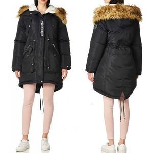 NWT bebe Sz M Black Parka Anorak Hoodie Sherpa Puffer Jacket with Removable Fur